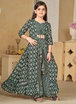 Heavy Muslin Deep Green Festival Wear Printed Readymade Kids Indo Western